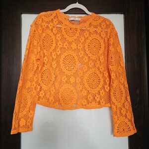 Mango Vibrant Orange Crochet Blouse